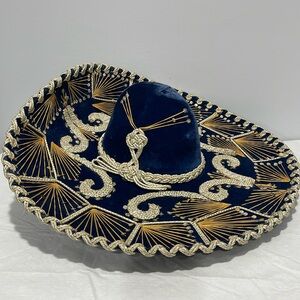 Vintage Mexican Sombrero XXXXX Blue Velvet Sequin Charro Mariachi Small Size